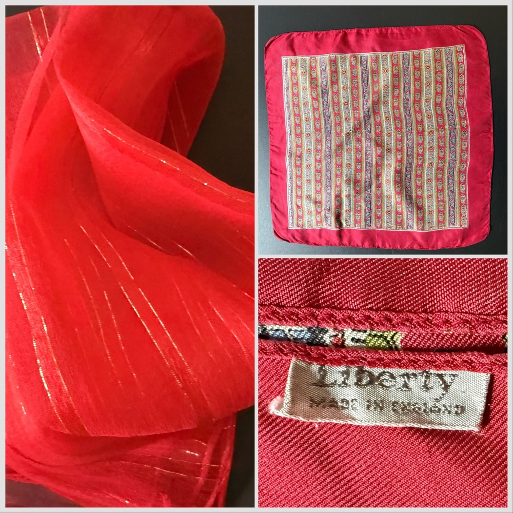 Liberty of London Red Paisley Silk Scarf & Red Gold Lurex Striped Scarf Bundle